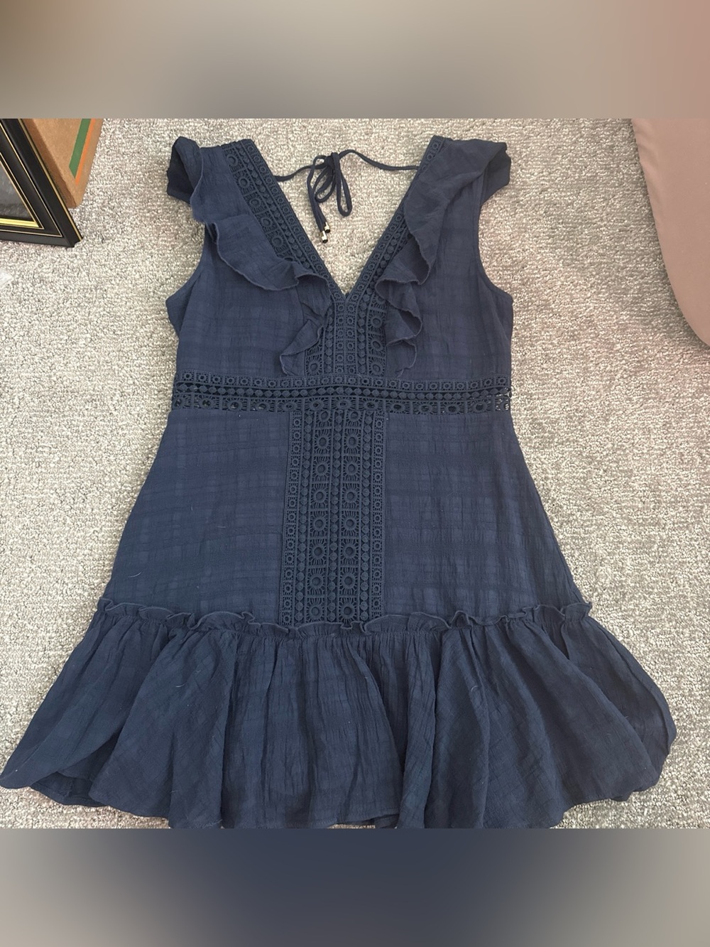 Francesca's Collections Navy Blue Ruffle Crochet Trim Dress- size Large
